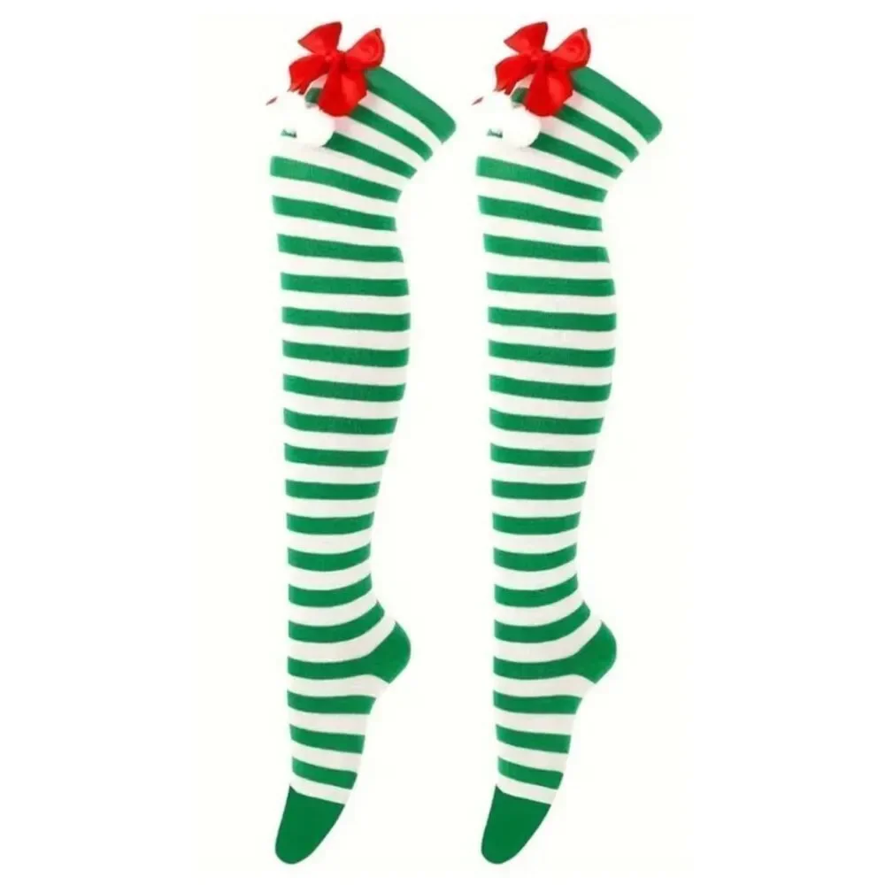 Christmas Green Striped Over-the-Knee Socks(Tights) With Bow & Pom Poms